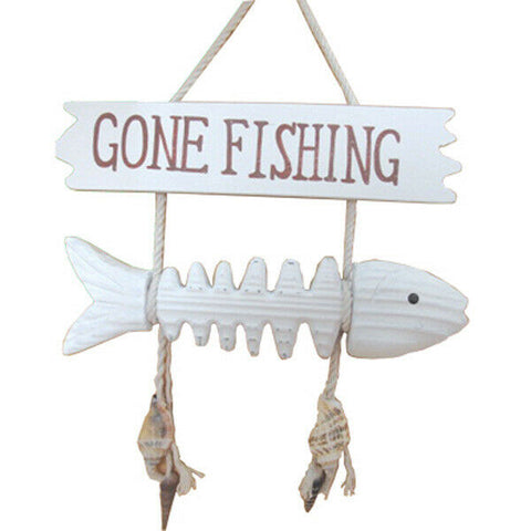 NEW White Wooden Fish Bone Gone Fishing Sign With Shells Beach Coastal Theme