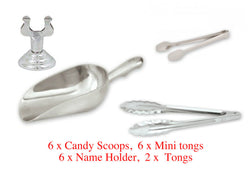 Lolly Bar Wedding Set 6x Candy Scoops, Mini Tongs & Label Holder 2 x Buffet Tong