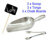 Lolly Bar Buffet Wedding Set 3 x Candy Scoops 3 x Mini Tongs  3 x Chalk Boards