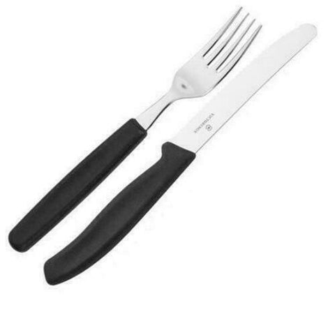New Victorinox Cutlery Table Fork, Wavy Edge Steak Knife, Black Handle