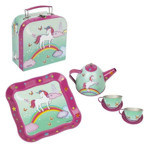 NEW Pink Poppy Unicorn 7 Piece Tin Play Tea Set with matching Mini Carry Case