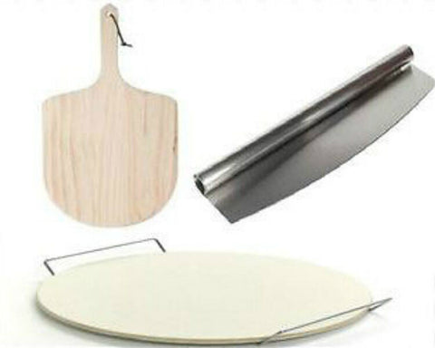 Pizza Peel Paddle Spatula Wood & Pizza Cutter Rocker Slicer &  33cm Pizza Stone