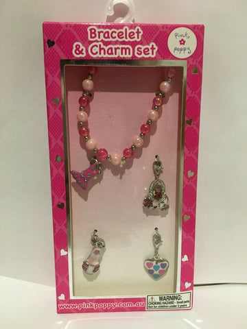 NEW Pink Poppy Little Designer Charm Bracelet Girls Jewellery Set Incl 4 Charms