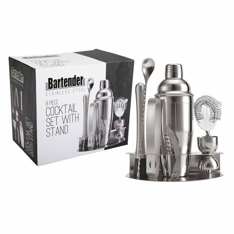 BARTENDER 8 PIECE COCKTAIL Shaker Set Stand Boston Bar Martini Spirit Hawthorn